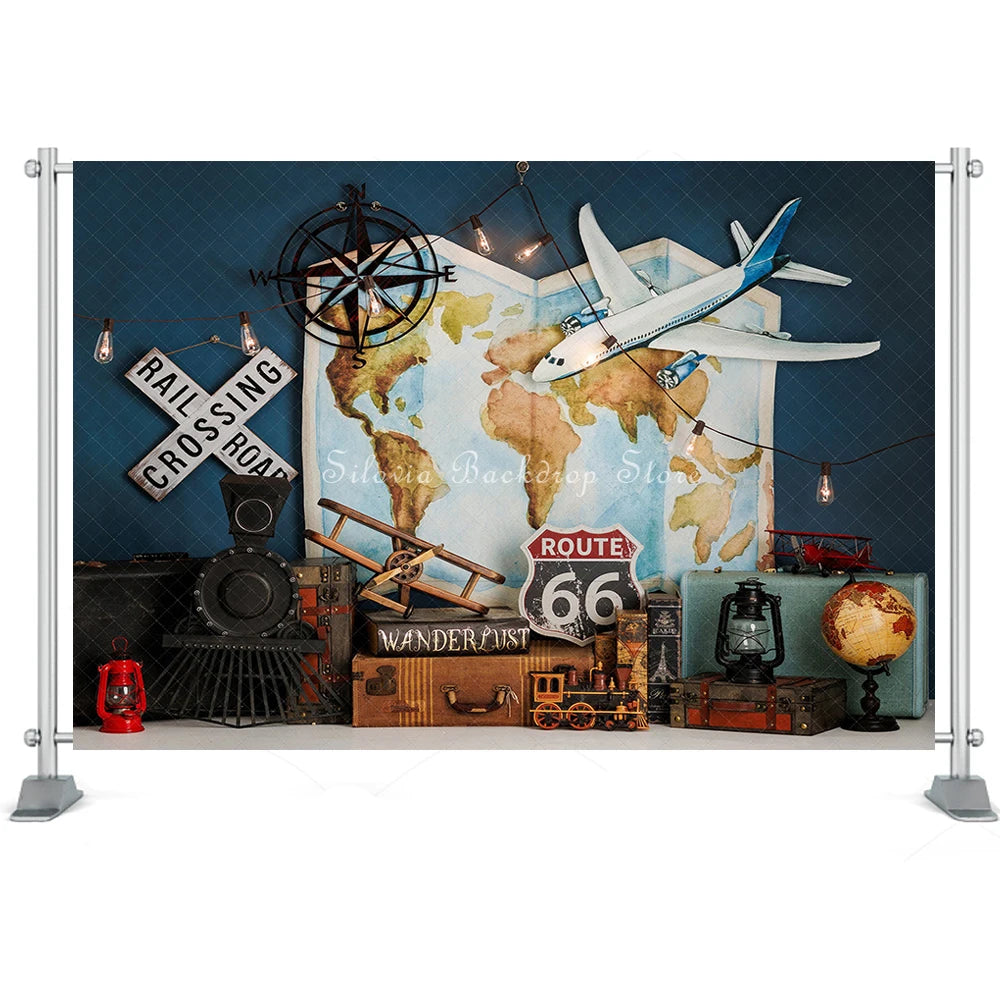 Worldwide Travelling Photography Backdrop Adventure Boy Birthday Cake Smash Photo Background Aircraft Map Photo Studio Props