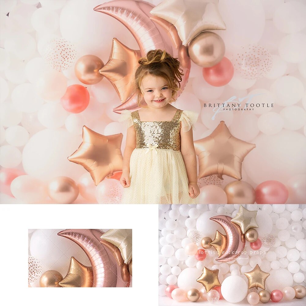 Over The Moon Balloon Wall Backdrops Girl Kids Cake Smash Birthday Photography Child Baby Photocall Pink Stars Clouds Background