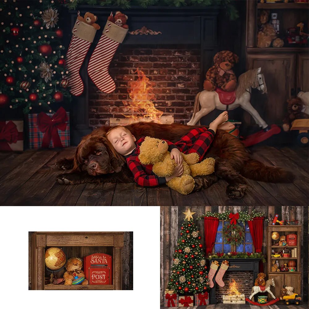 Arrière-plan de cheminée de noël, accessoires de photographie de famille pour enfants et adultes, arrière-plan d'arbres de Festival de noël, fenêtres 