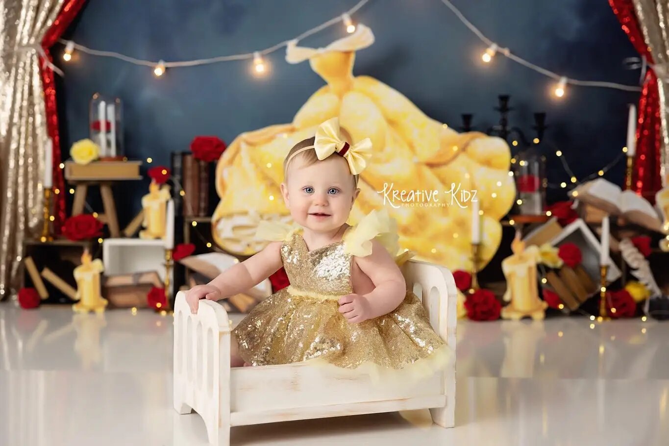 Belle Of The Ball Backdrops Kids Girl Cake Smash Birthday Photography Props Child Baby Gold Dress Party Background