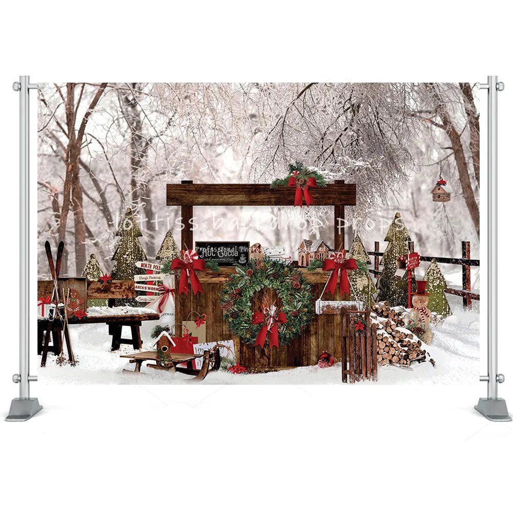 Christmas Winter Street House Photography Backdrop Toy Tree Cart Wreath Kids Birthday Portrait Background Photo Studio