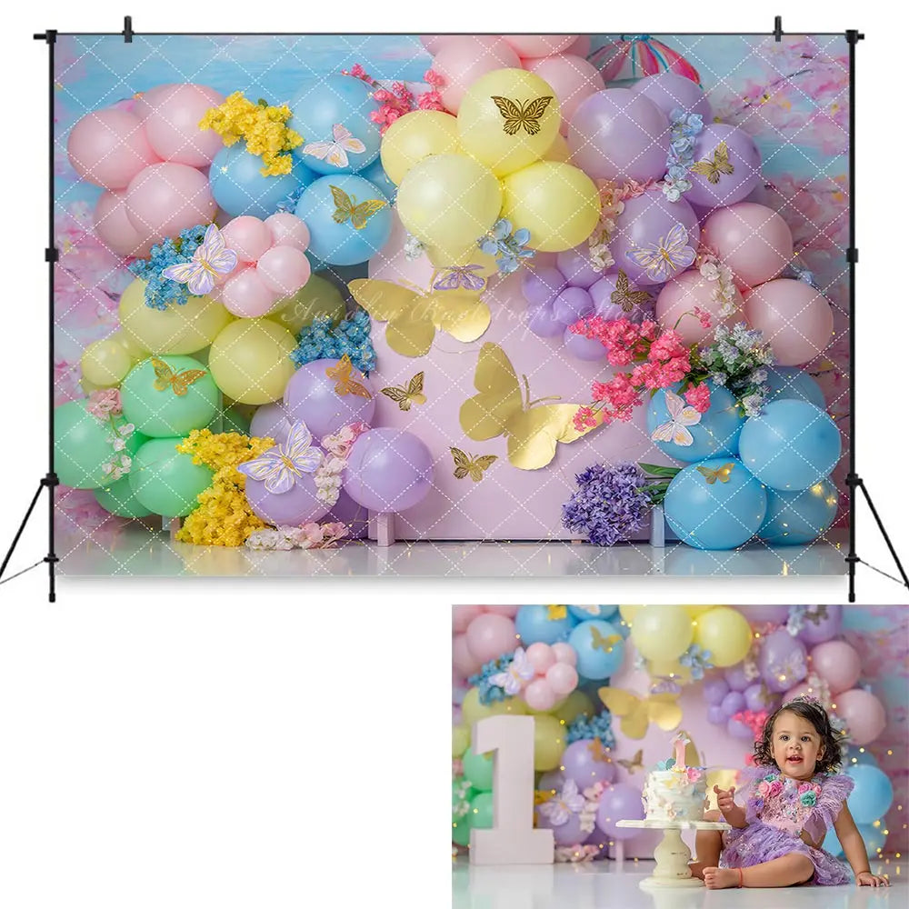 Floral Balloon Arch Photography Backdrop Kids Baby Birthday Party Decors Butterfly Castle Child Girl Cake Smash Photo Background