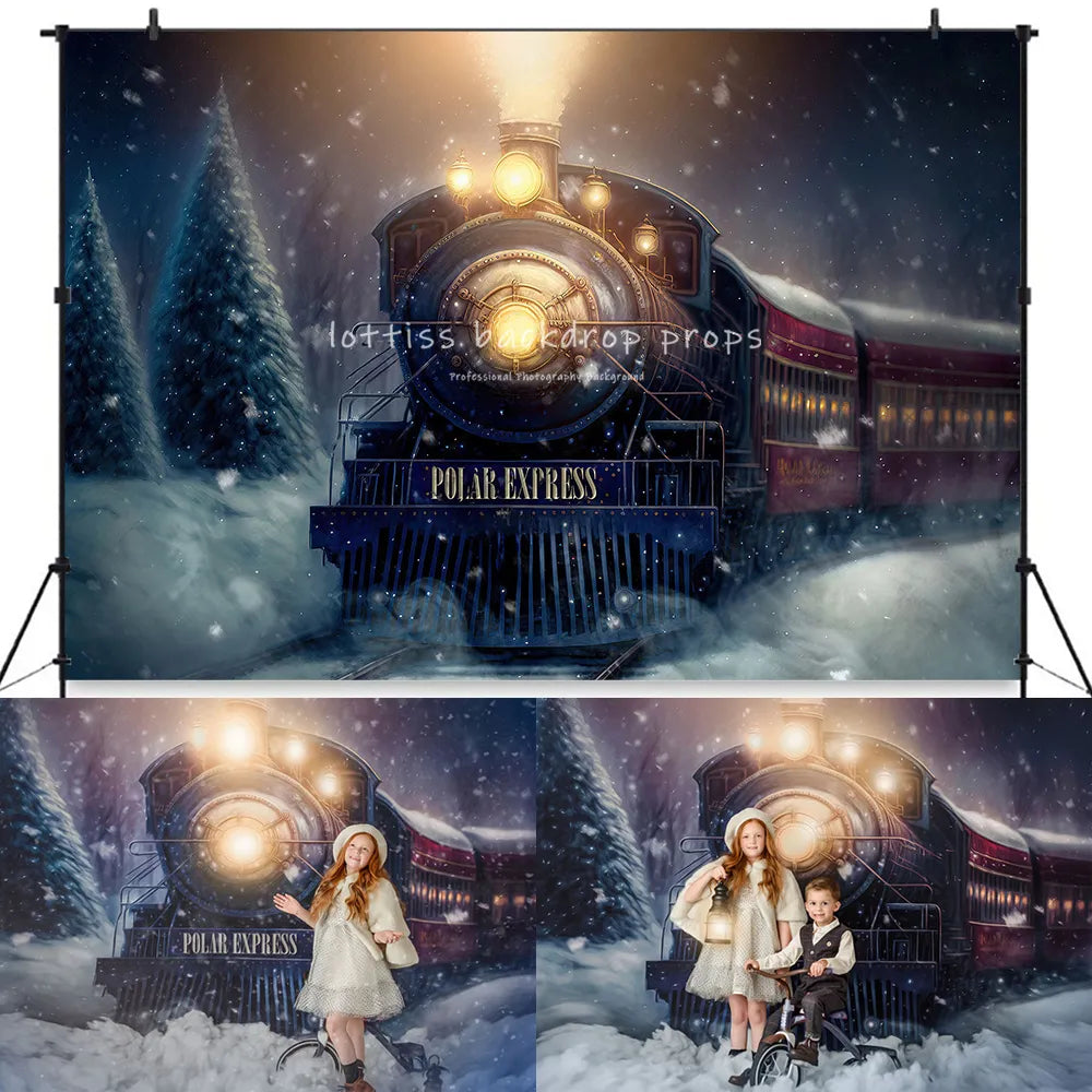 Polar Express Train Backdrops All Aboard Theme Kids Baby Portrait Photocall Girl Adult Photostudio Christmas Winter  Background