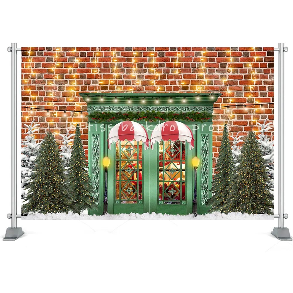 Christmas House Barn Door Backgrounds Photography Winter Trees Wreath Party Props Kids Famiy Portrait Backdrops Props