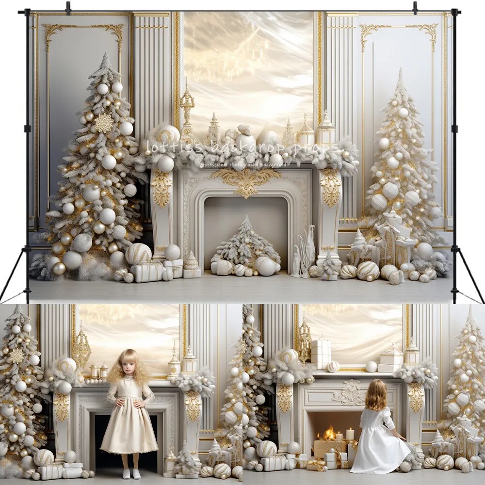 Christmas Gold Fireplace Backdrops Kids Baby Photography Props Child Adult Photocall Decors Xams Living Room Photo Background