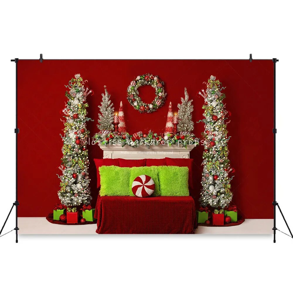 Arrière-plan de tête de lit rouge de noël, Portrait de séance photo pour enfants et adultes, accessoires de studio photo, arrière-plan de couronne d'arbres de noël pour filles et bébés