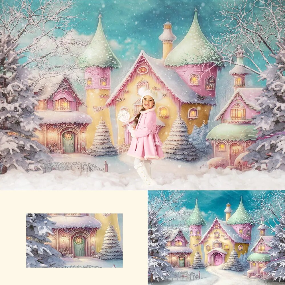 Arrière-plan coloré de Village enneigé pour enfants et adultes, accessoires de photographie pour enfants et bébés, séance photo de noël, arrière-plan de forêt enneigée d'hiver 