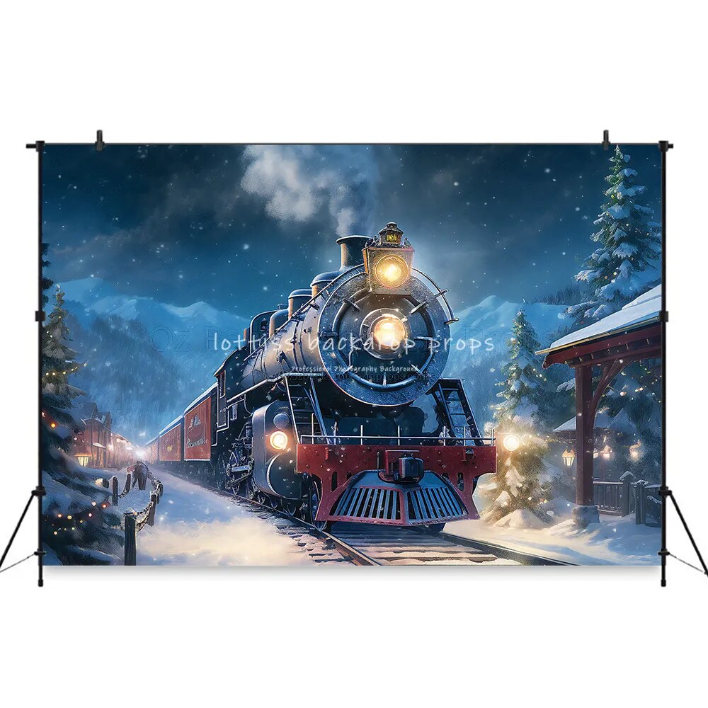 Arrière-plan de photographie de rue de noël, Portrait d'adulte, famille et enfant, séance photo, Train Polar Express, arrière-plan d'arbres de noël 