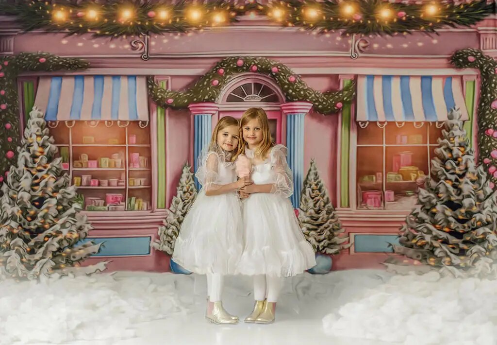 Foresty Sweet Shop Xmas Backdrops Kids Girl Photography Props Child Adult Winter Christmas Pink Snowy Store Front Background