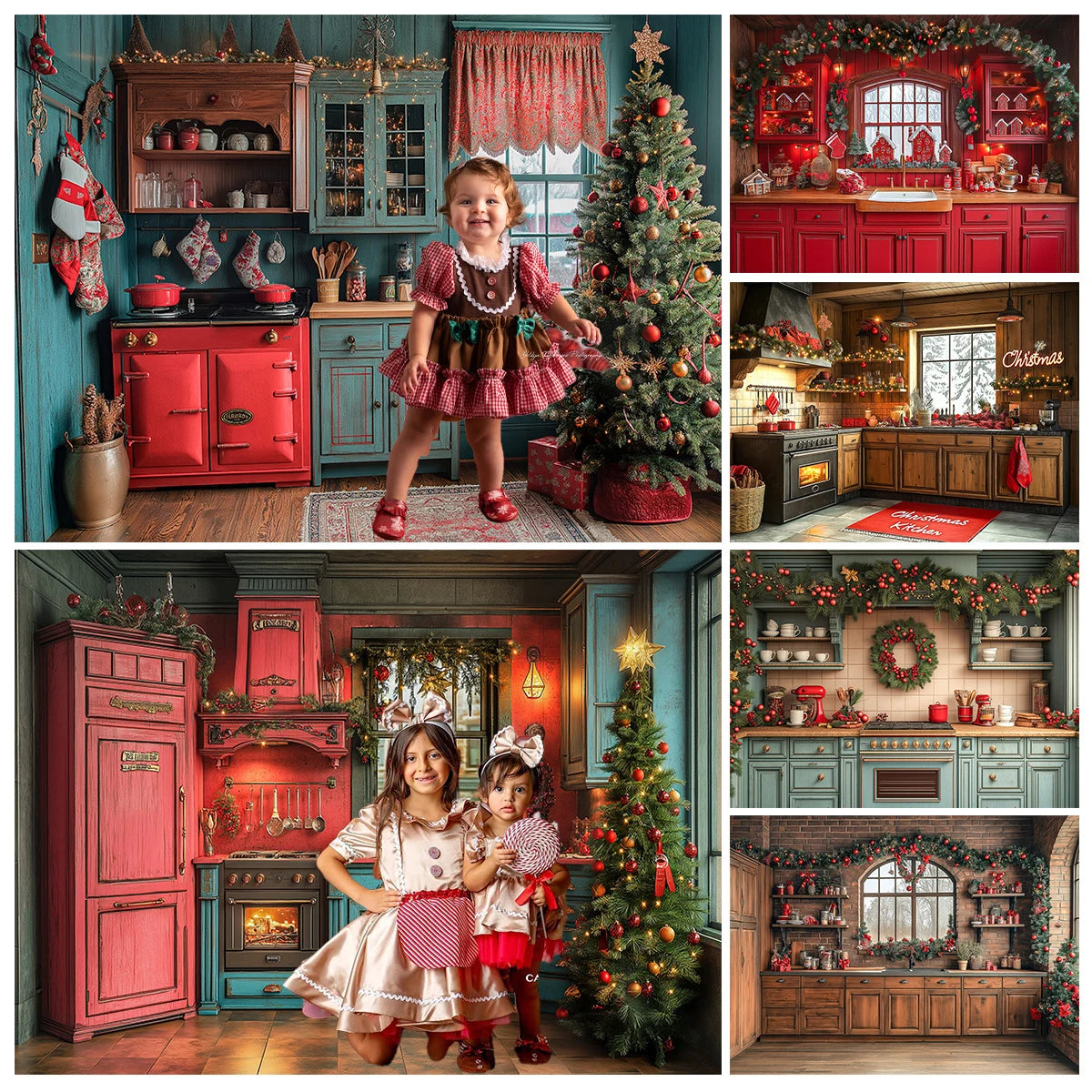 Christmas Kitchen Backdrops Kids Family Photography Child Baby Photocall Decors Winter Xmas Wreath Trees Backgrounds