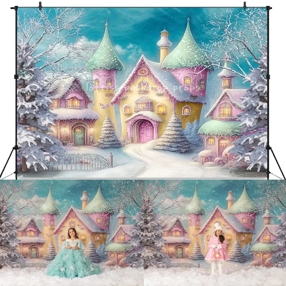 Colorful Snowy Village Backdops Kids Adult Photography Props Child Baby Xmas Photocall Winter Snowy Forest Background