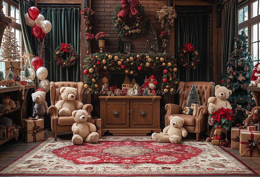 Christmas Theme Little Bear Backdrop Kids Baby Cake Smash Photography Props Fireplace Child Adult Photo Studio Backgrounds