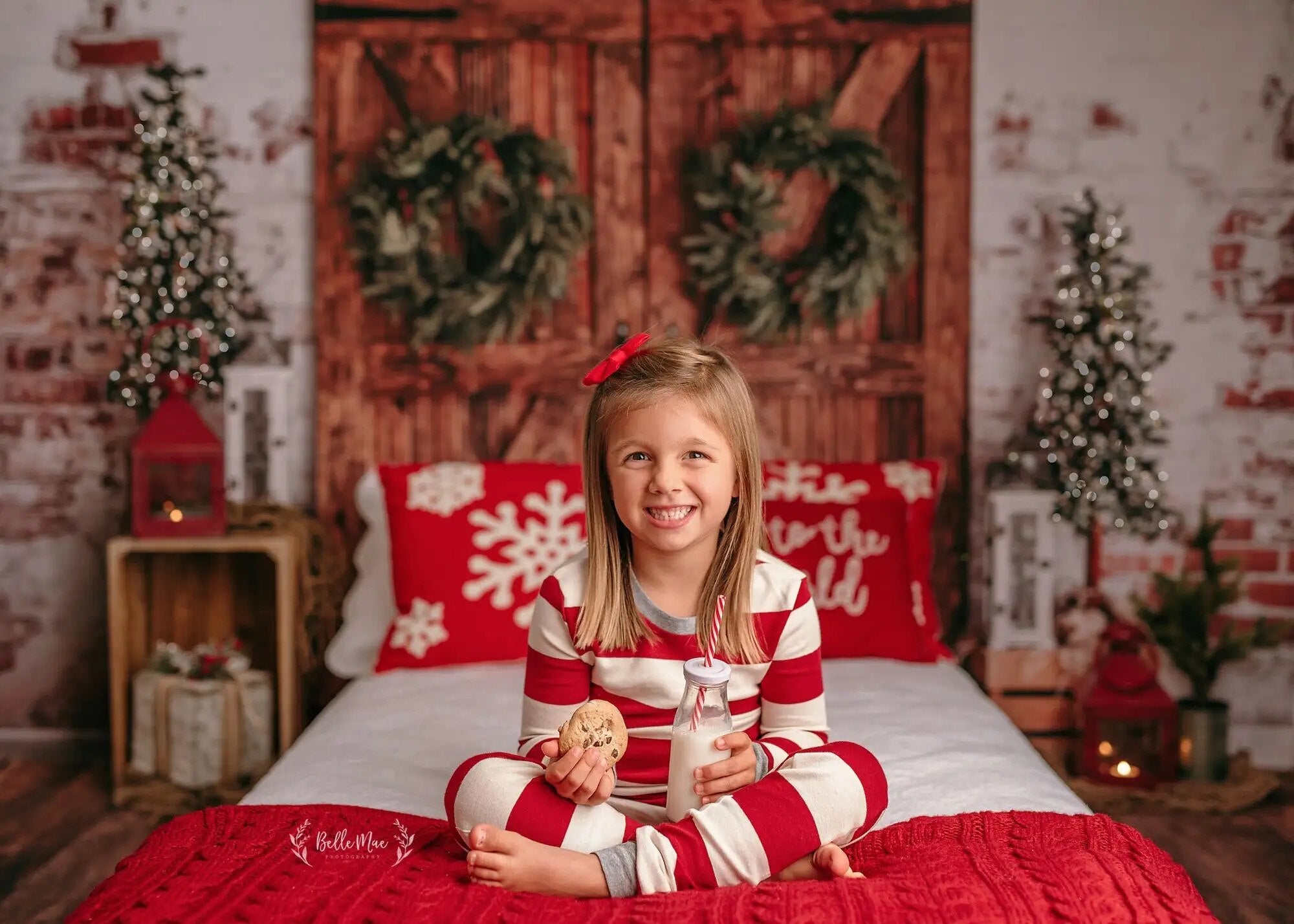 Arrière-plan de tête de lit de noël pour filles, photographie de Portrait d'enfants, arbres de noël, porte de grange, lit, planche de bois, arrière-plan pour studio photo 