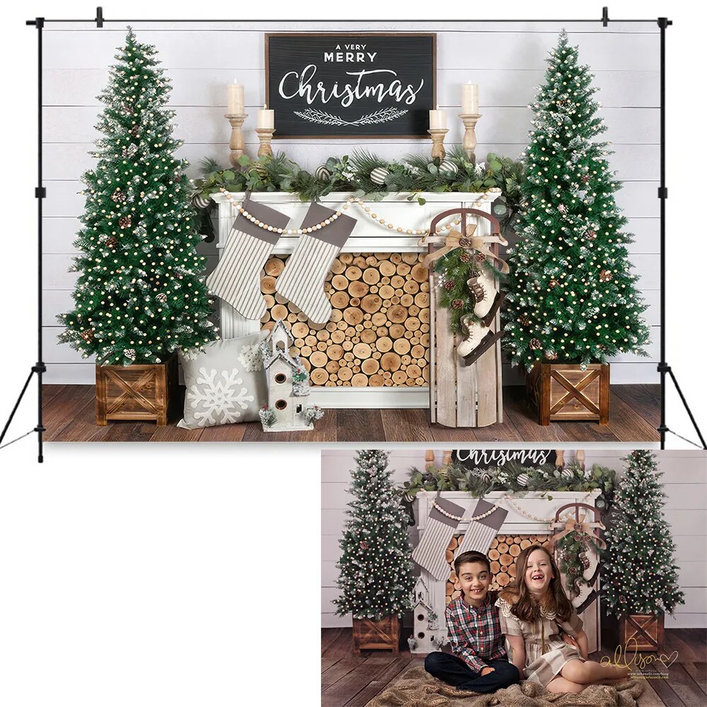 Farmhouse Christmas Fireplace Backdrops Kids Baby Photography Props Festival Girl Adult Family Xmas Trees Background