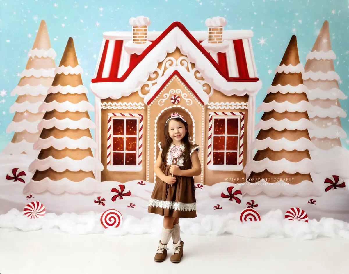 Pretty Peppermint Gingerbread Winter Backdrops Kids Baby Photorgaphy Decors Child Adult Christmas Photocall Snowy House Backgrou