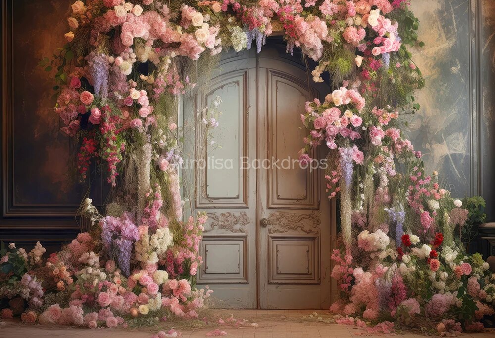 Garden Doors Backdrops Kids Baby Spring Photography Props Child Adult Girl Photocall Country Pink Rose Floral Bunny Background