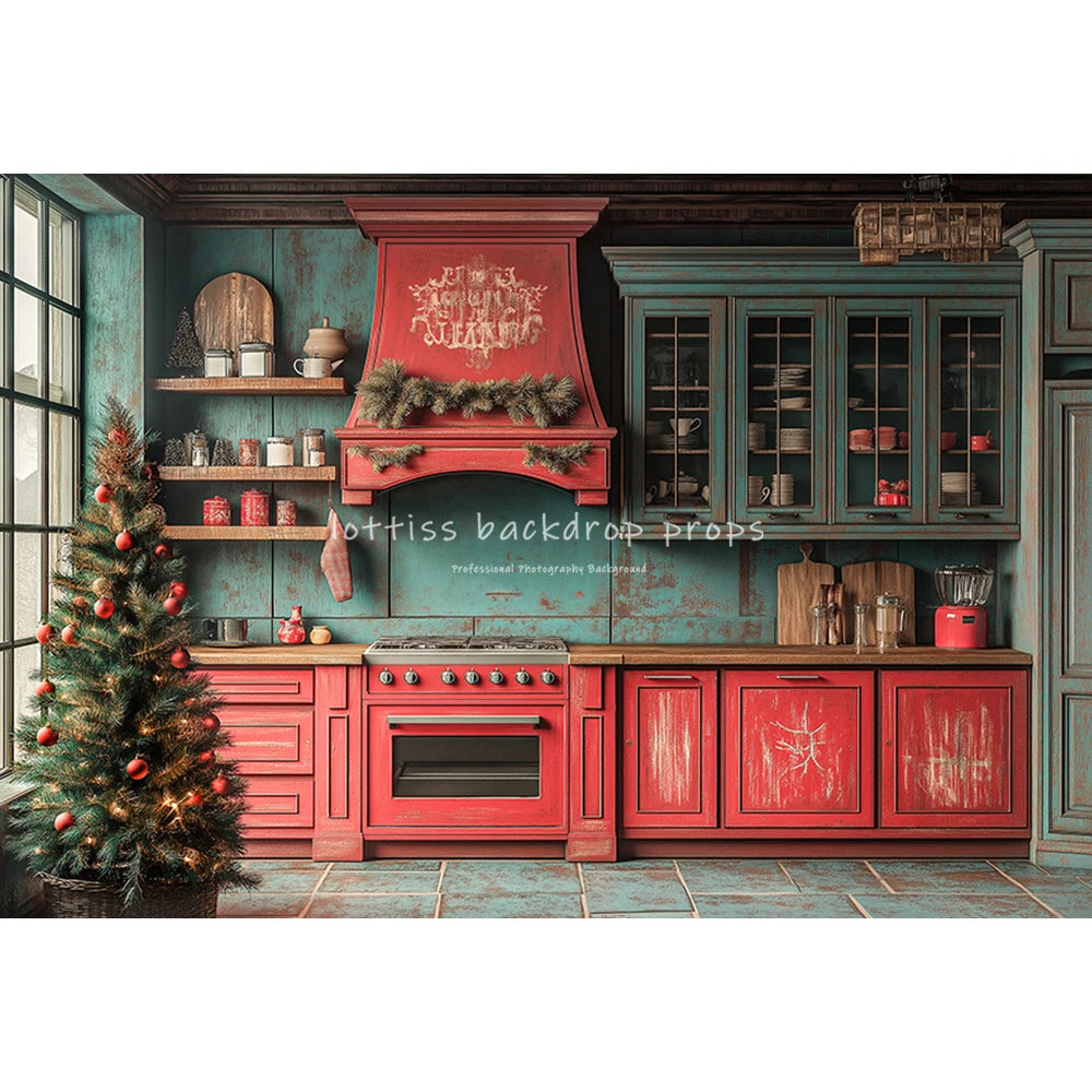 Christmas Kitchen Backdrops Kids Family Photography Child Baby Photocall Decors Winter Xmas Wreath Trees Backgrounds