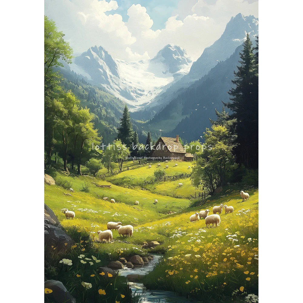 Village Cows Farm River Scenery Oil Painting Photography Backdrops Wedding Kids Adult Photocall Sunset Countryside Backgrounds