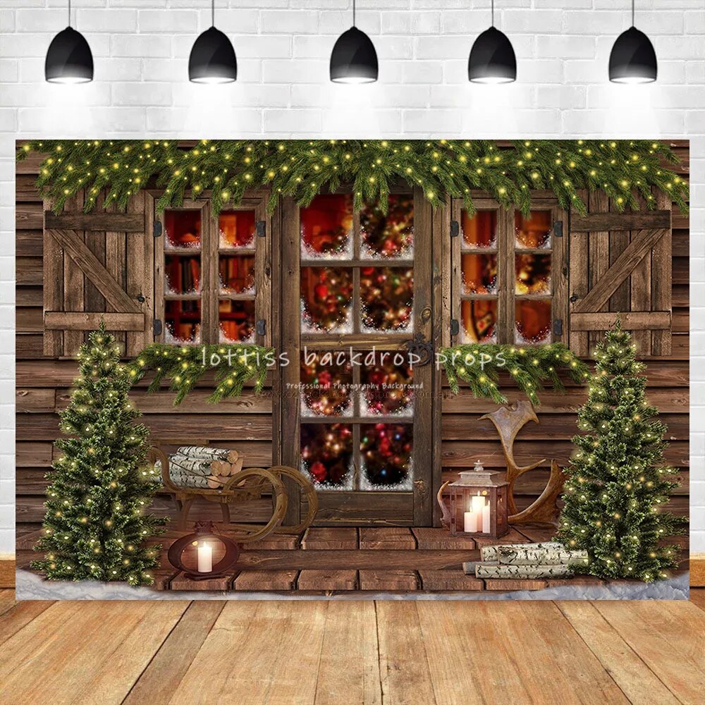 Christmas Old Wooden House Background Festival Windows Backdrops Gifts Children Baby Photocall Adult Photostudio Props