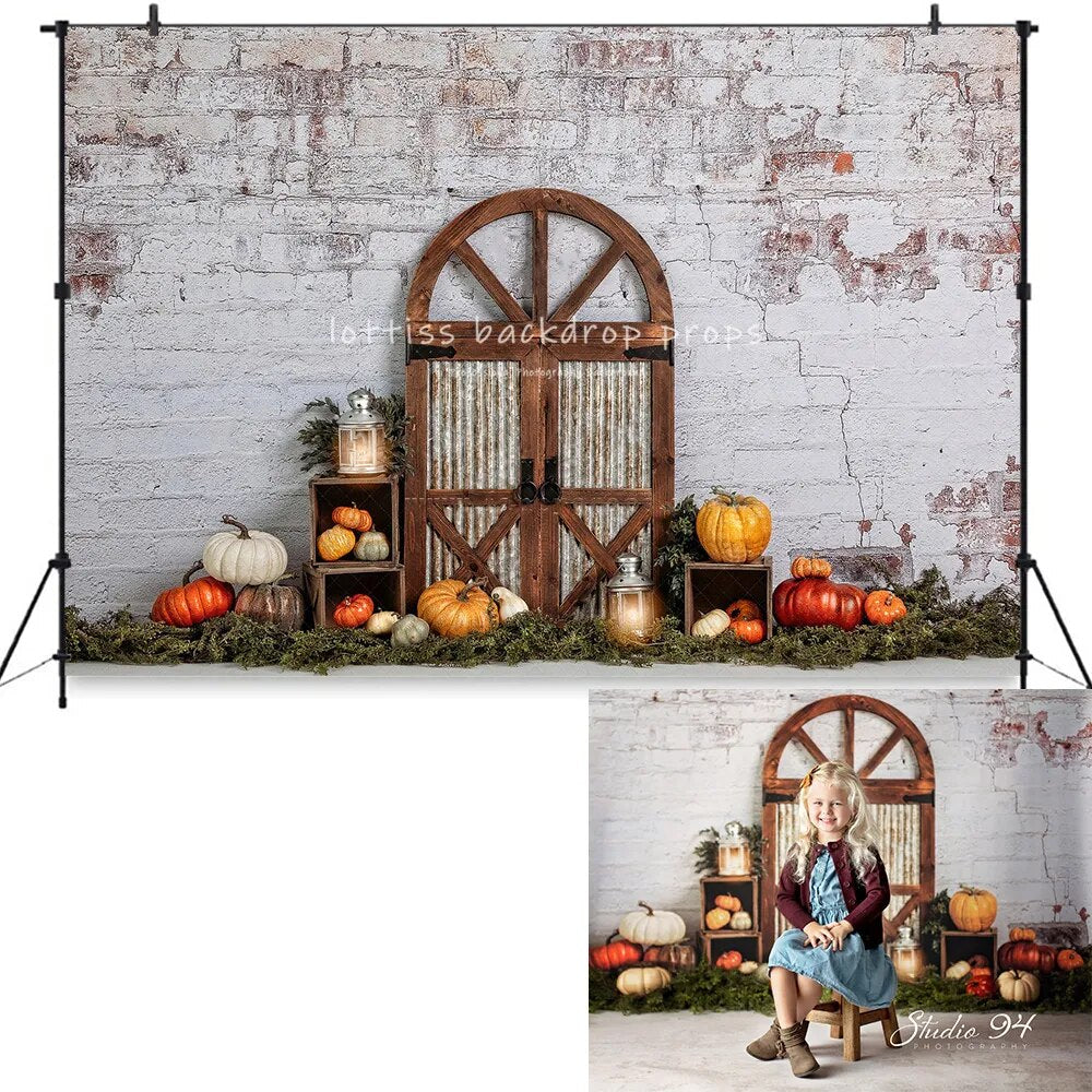 Arrière-plan de porte de grange d'automne, décor de citrouille, photographie d'enfant et d'adulte, séance photo, couronne de bébé et d'enfant, arrière-plan de ferme d'automne 