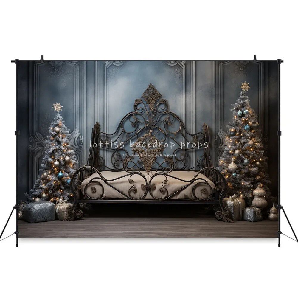 Arrière-plan de tête de lit de noël pour chambre à coucher, accessoires de photographie pour enfants et adultes, décors pour séance photo, arrière-plan d'arbres de noël dorés 