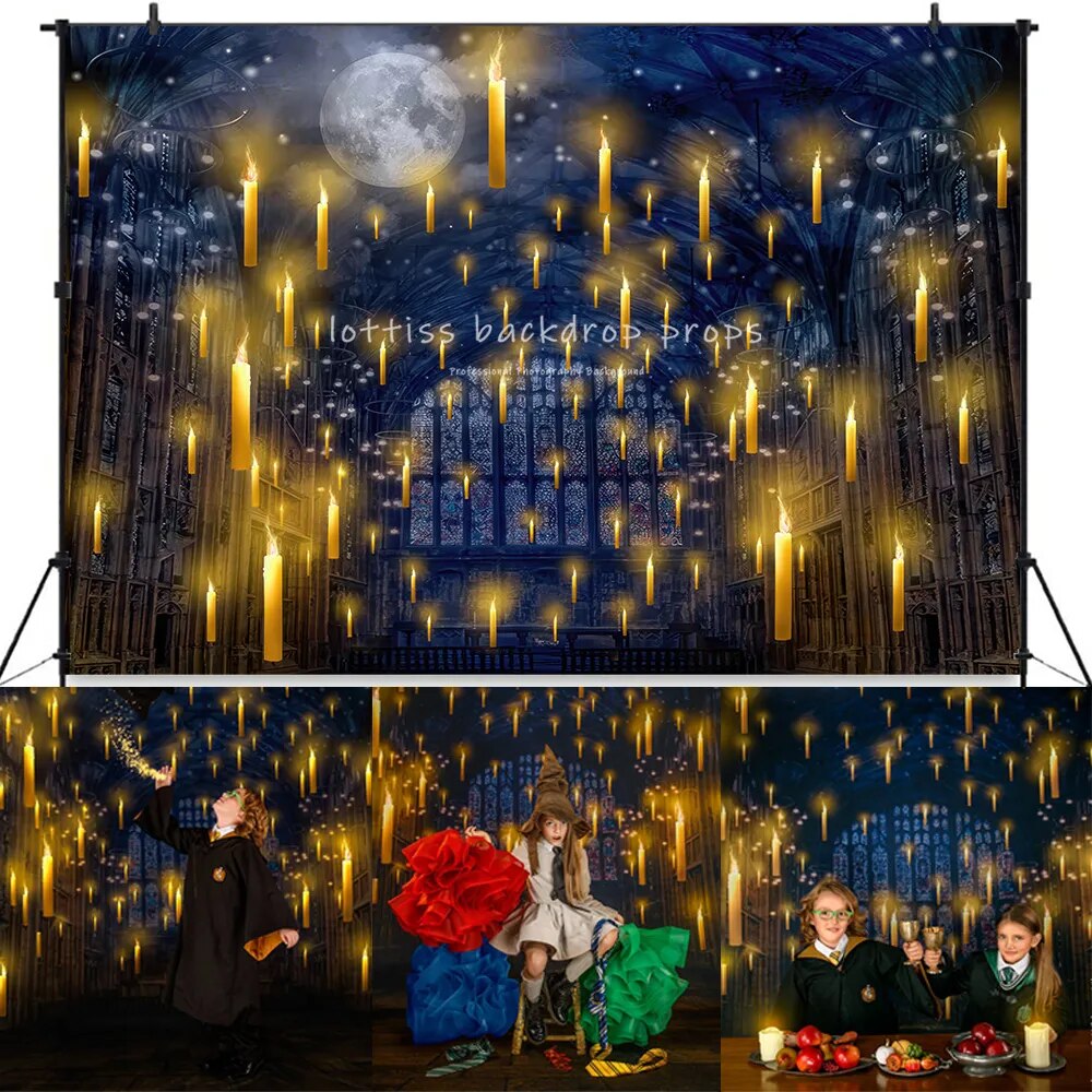 Wizard Great Hall Backdrops Kids Cake Smash Birthday Props Baby Shower Party Witch Child Magic Candle School Background