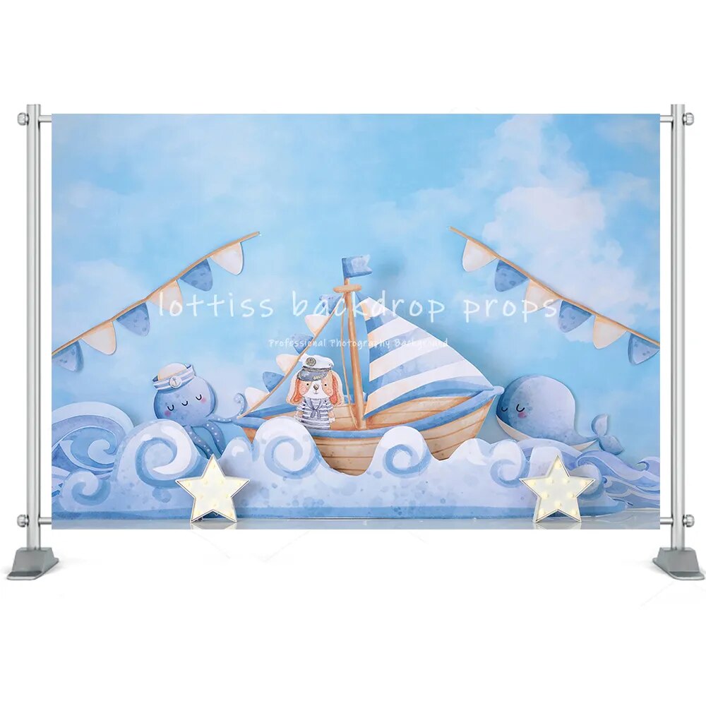 Arrière-plan thème bateau sous-marin, accessoires de gâteau pour enfants, poisson, corail, méduse, capitaine garçon, arrière-plan d'anniversaire, accessoires de studio photo pour bébé 