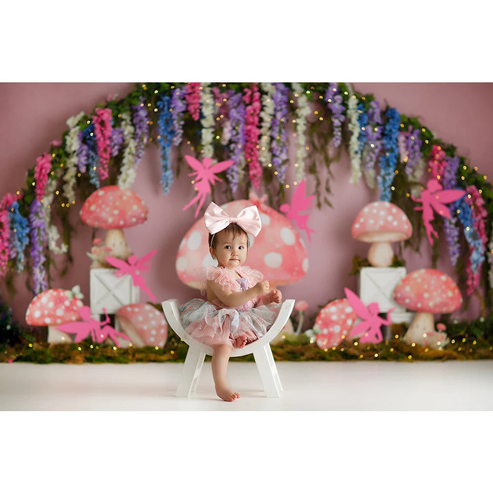 Fairy Archway Photo Background Princess Birthday Cake Smash Photography Backdrop Cute Pink Mushroom House Photo Studio Props