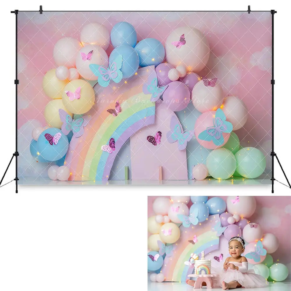 Summer Balloon Arch Photography Backdrop Kids Baby Cake Smash Photocall Decors Rainbow Floral and Butterfly Child Backgrounds