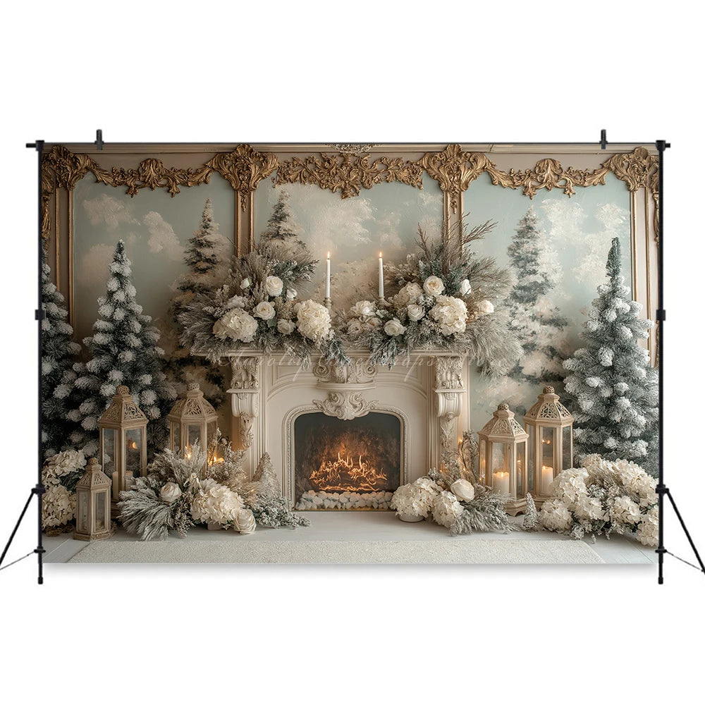 Christmas Backdrop with Fireplace and Xmas Trees Child Baby Birthday Cake Smash Photography Decor Girls Adult Studio Backgrounds