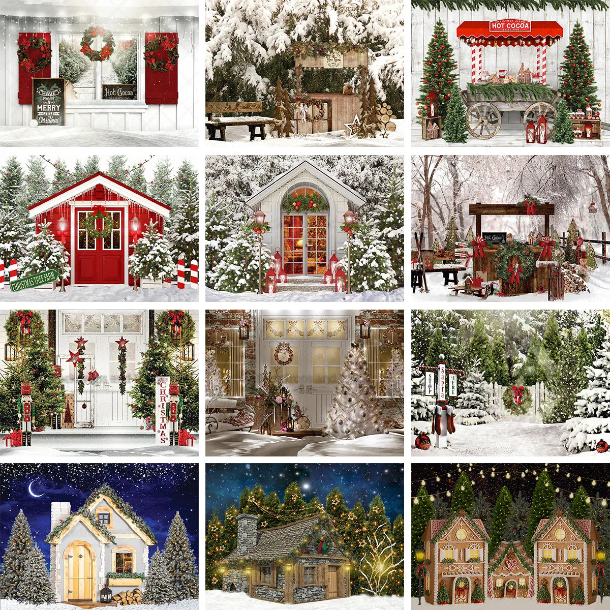 Christmas Winter Street House Photography Backdrop Toy Tree Cart Wreath Kids Birthday Portrait Background Photo Studio