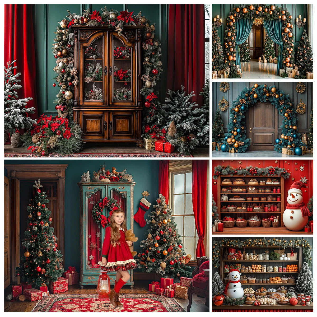 Christmas Kitchen Cupboard Backdrops Kids Family Photography Child Adult Photocall Xmas Living Room Bookcase Trees Backgrounds