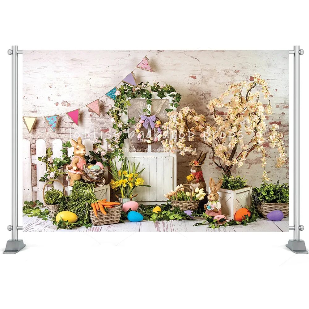 Easter Photography Backdrop Cake Smash Bunny Wooden Board Wall Grass Flowers Easter Eggs Kids Portrait Photo Backdground