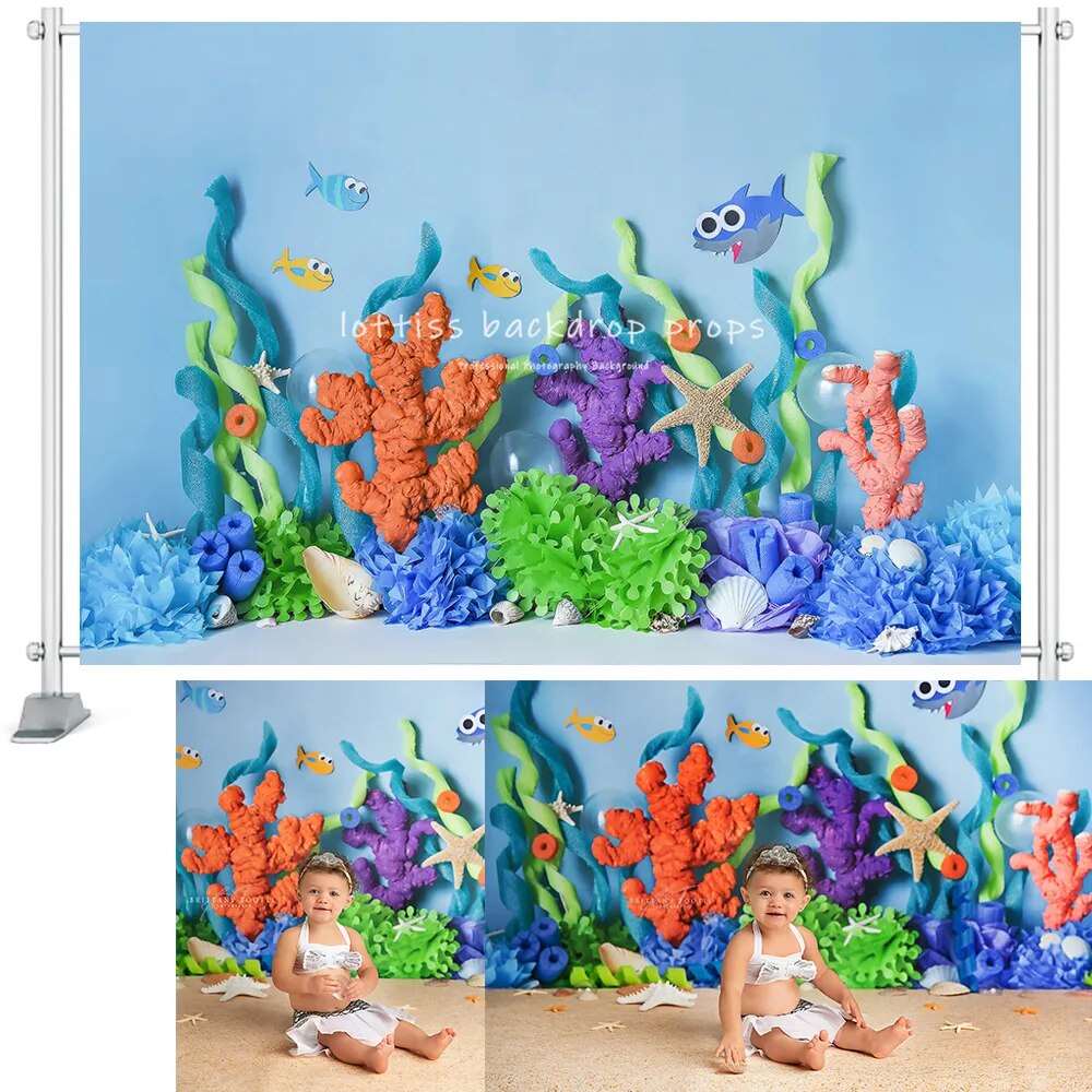 Aquarium Undersea Backdrop Photography Kids Cake Smash Child Baby Birthday Party Props Fish Shark Coral Background Photostudio