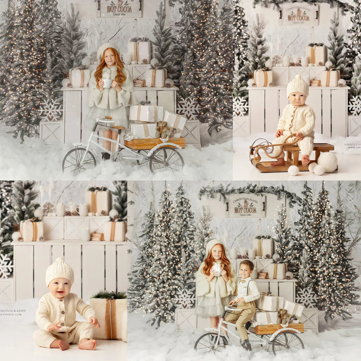 Crémeux Cacao Stand Décors De Noël Enneigé Enfants Bébé Portrait Photographie Famille Photocall Noël Forêt Flocon De Neige Fond 