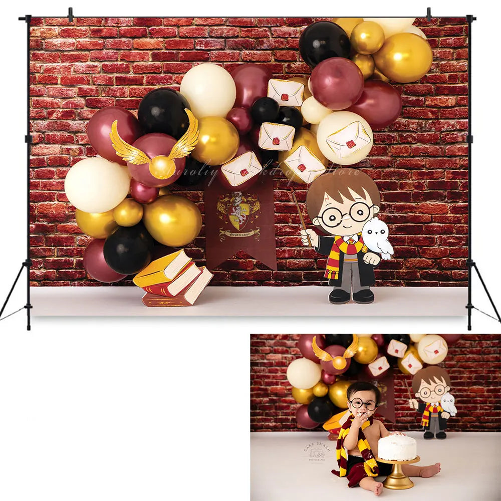 Gryffindor Simple Backdrop Kids Baby Cake Smash Photography Props Brick Wall Balloons Child Boys 1st Birthday Studio Backgrounds