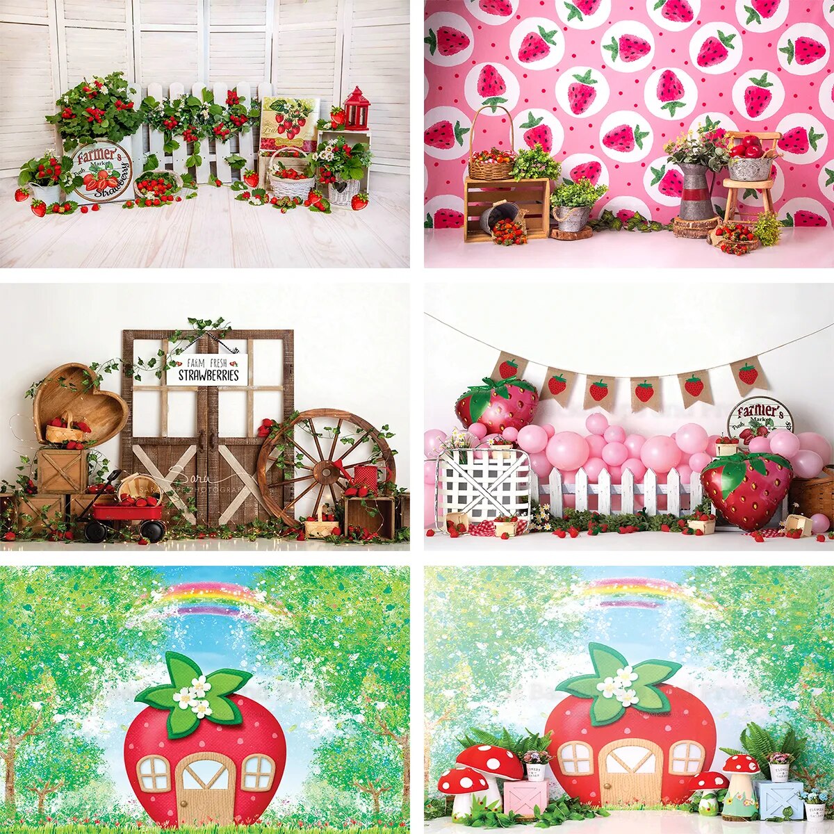 Arrière-plan de photographie de fruits aux fraises, accessoires de gâteau pour enfants, marché Floral, arrière-plan de fête d'anniversaire pour nouveau-né et bébé 