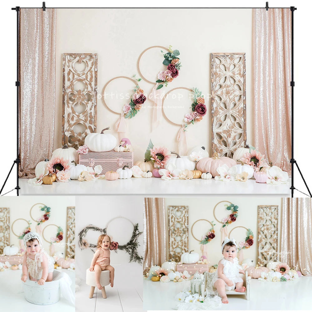 Boho Shabby Chic Spring Backdrops Kids Baby Cake Smash Photography Child Adult Photocall Decors Pink Pumpkin Backgrounds