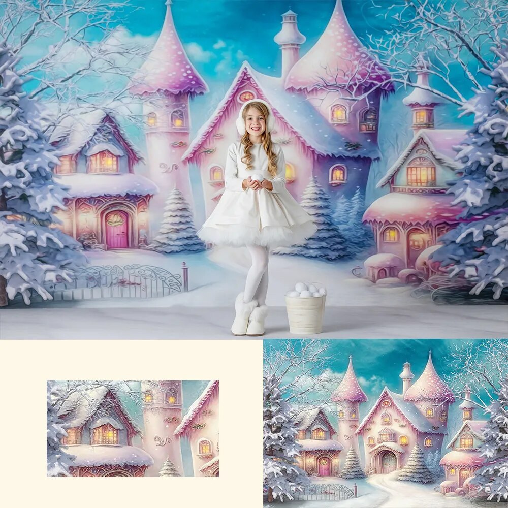 Colorful Snowy Village Backdrop Kids Adult Photography Child Baby Photocall Props Winter Christmas Snowflake Castle Background