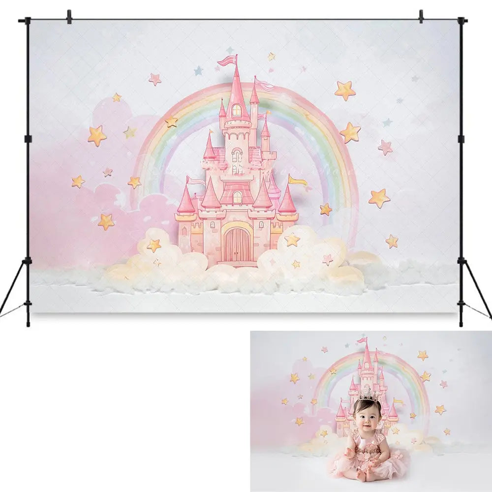 Pink Castle In The Clouds Backdrop Rainbow Kids Baby Cake Smash Photography Props Birthday Party Decor Child Studio Backgrounds