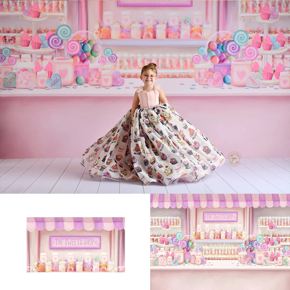 Little Sweet Shop Valentine’s Day Backdrops Kids Girl Photocall Decor Child Adult Photocall Pink Store Valentine Background