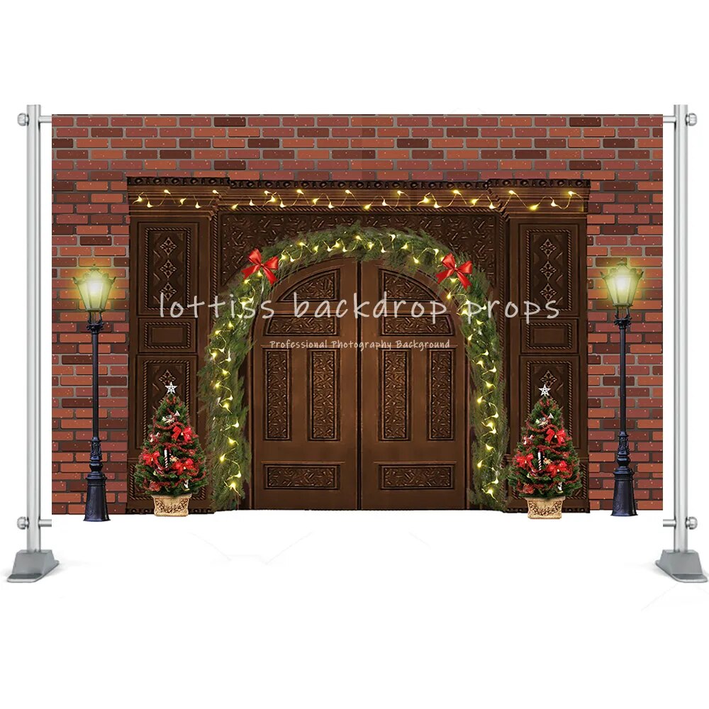 Christmas House Barn Door Backgrounds Photography Winter Trees Wreath Party Props Kids Famiy Portrait Backdrops Props