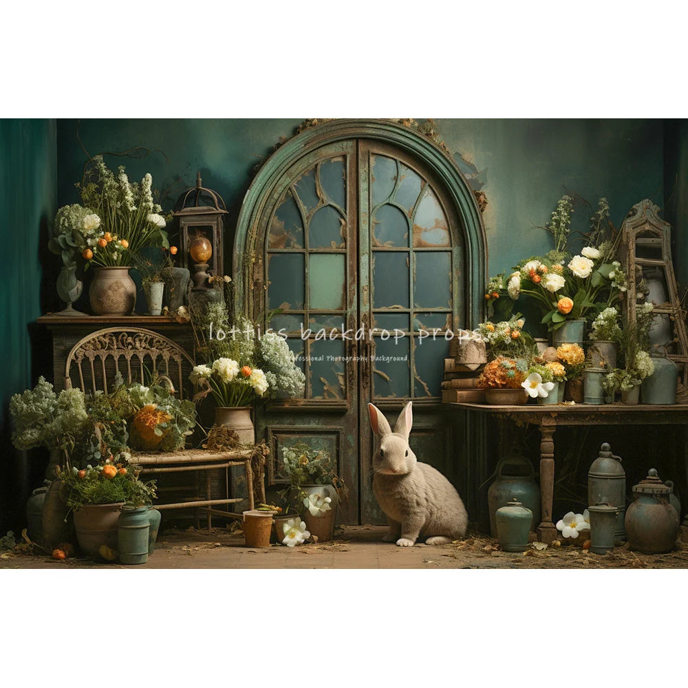 Easter Rustic Wooden Door With Bunnies Eggs And Flowers Backdrops Kids Baby Photography Child Adult Photocall Spring Backgrounds