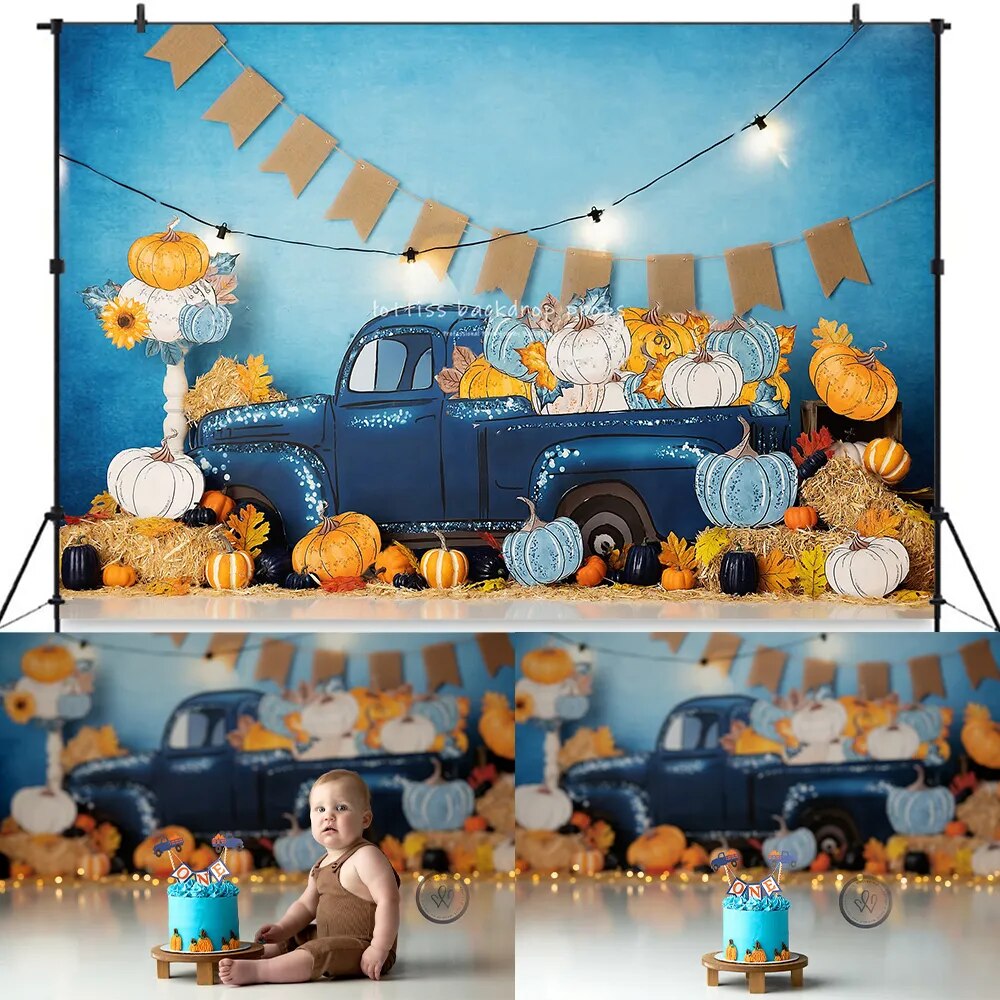 Arrière-plan de camion citrouille, gâteau d'anniversaire pour enfants et bébés, accessoires de Smash, décor de photographie pour adultes et enfants, arrière-plan de ferme d'halloween 