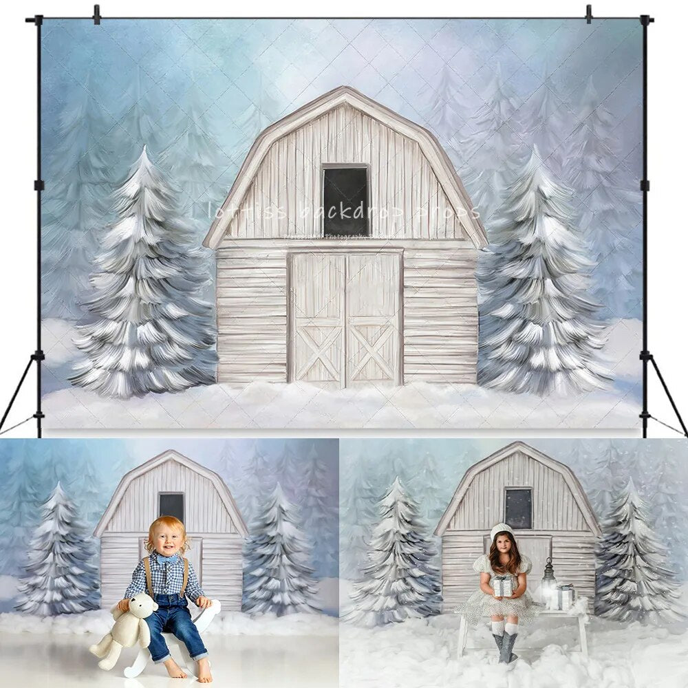 White Snowy Barn Backdrops Kids Child Portrait Photography Adult Baby Photocall Props Xmas Trees Snow House Front Background