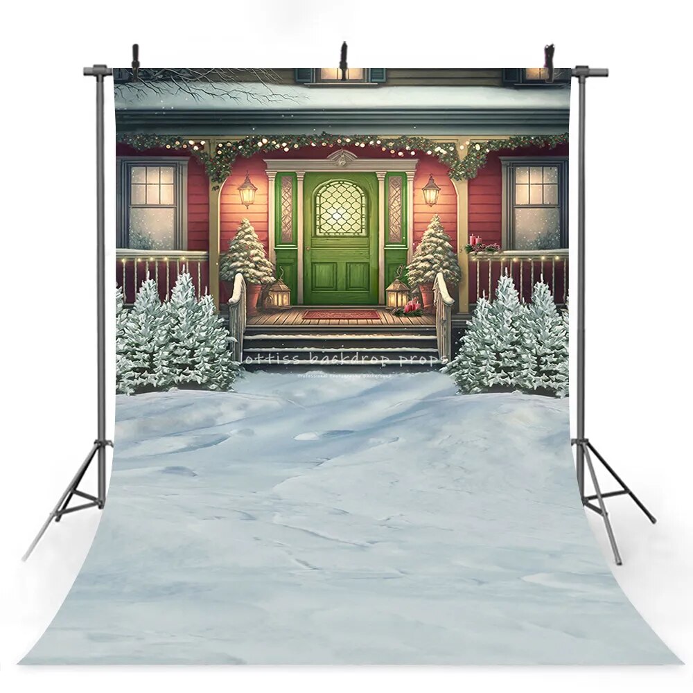 Christmas House Photography Backdrops Children Family Photocall Baby Girl Xmas Wooden Door Festival Background