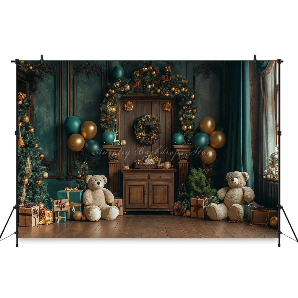 Christmas Theme Little Bear Backdrop Kids Baby Cake Smash Photography Props Fireplace Child Adult Photo Studio Backgrounds