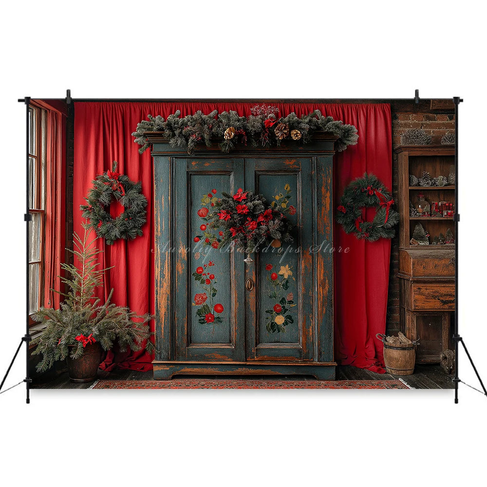 Large Cabinet With Christmas Decorations Photo Backdrop Kids Baby Cake Smash Photography Props Family Party Photocall Background