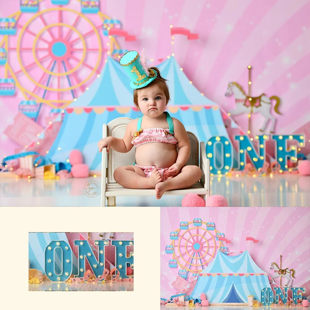 Arrière-plan de cirque d'été lumineux, gâteau d'anniversaire pour bébé fille, accessoires de photographie d'enfants, arrière-plan de grande roue pour studio photo 