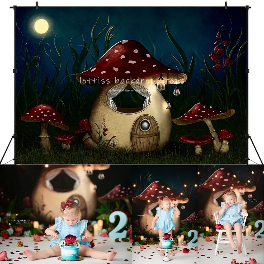 Fées champignon maison toile de fond enfants adulte Photocall anniversaire gâteau Smash accessoires bébé enfant photographie fond